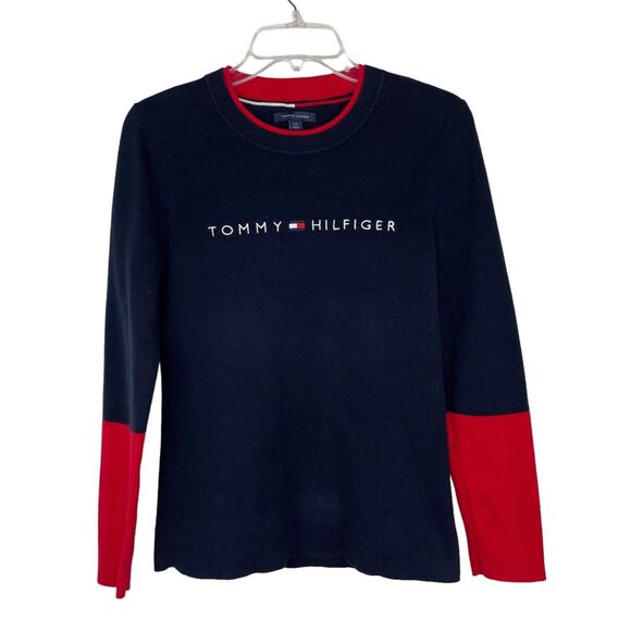 Tommy Hilfiger Navy Blue Red White Long Sleeve Tight Knit Pullover Sweater Sz L - Picture 1 of 3